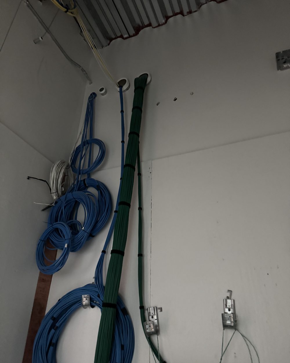 Blue and green cable bundles run vertically down a wall and terminated into mounted back boxes