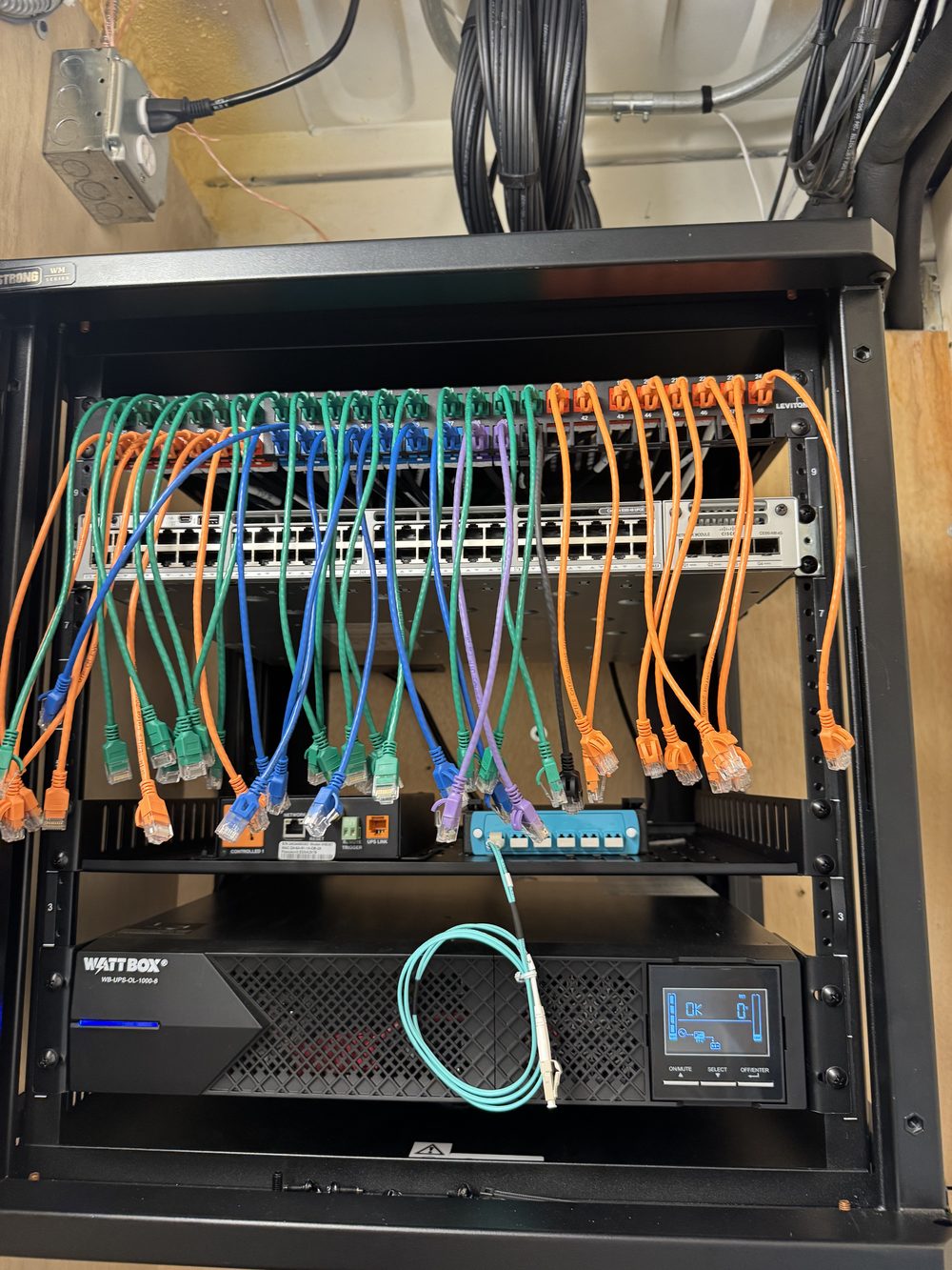 Wall-mounted rack with colour-coded Cat6 patch cables running from a 48-port patch panel to a Cisco switch above a rack-mount UPS